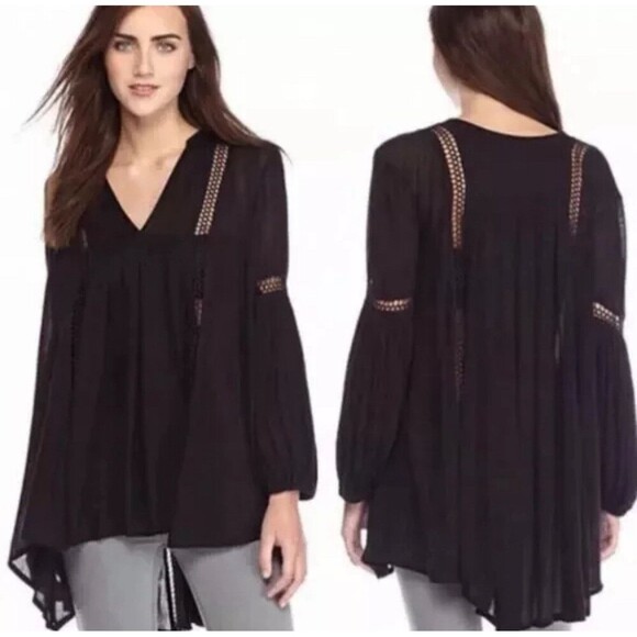 FREE PEOPLE Black Just the Two of Us Crochet Lace Inset High Low Tunic Top XS - Picture 1 of 15